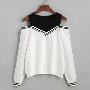 Varsity Striped Black White Open Shoulder Sweater